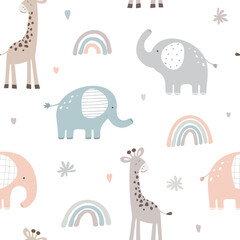 Seamless pattern with cute elephant and giraffe on white background. Vector illustration in flat style. - obrazy, fototapety, plakaty