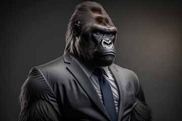 Gorilla in business suit. Photorealistic studio shot with grey background. Funny Wallpaper. Generative AI.