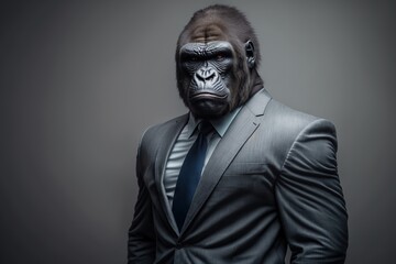 Gorilla in business suit. Photorealistic studio shot with grey background. Funny Wallpaper. Generative AI.