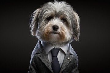 Havanese dog in business suit. Photorealistic studio shot with grey background. Funny Wallpaper. Generative AI.