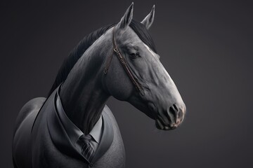 Horse in business suit. Photorealistic studio shot with grey background. Funny Wallpaper. Generative AI.