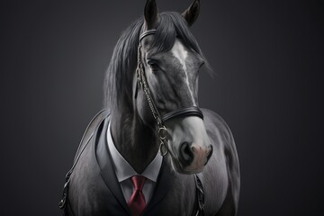Horse in business suit. Photorealistic studio shot with grey background. Funny Wallpaper. Generative AI.
