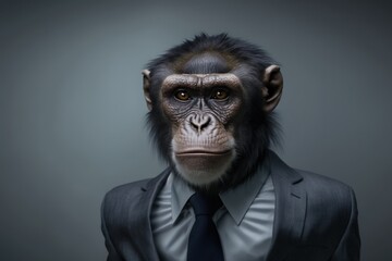 Monkey in business suit. Photorealistic studio shot with grey background. Funny Wallpaper. Generative AI.