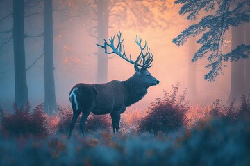 Beautiful shot of a stag red deer in the mist. Picture of a colorful forest landscape in autumn. Generative AI