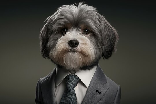 Havanese Dog In Business Suit. Photorealistic Studio Shot With Grey Background. Funny Wallpaper. Generative AI.