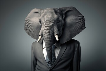 Obraz premium Elephant in business suit. Photorealistic studio shot with grey background. Funny Wallpaper. Generative AI.