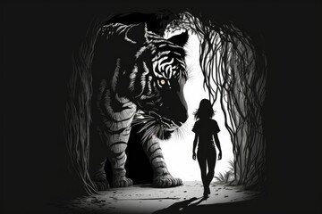 Obraz na płótnie Canvas a young Sumatran tiger emerges from the shadows. Generative AI