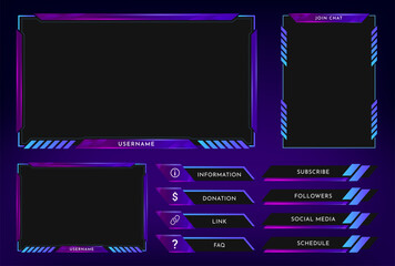 Twitch stream overlay panel template with neon theme. Digital streaming screen interface. Live video stream. Vector