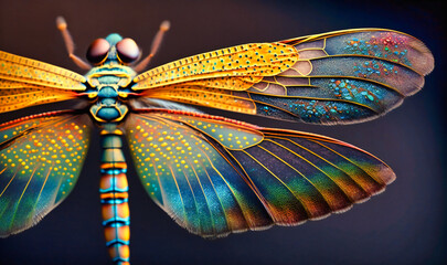 The vibrant colors and patterns on a dragonfly's wings, hovering in the air