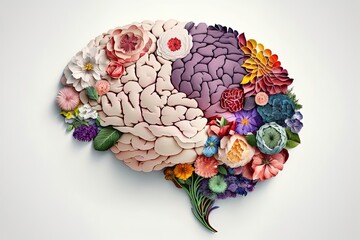 Human brain anatomy concept made of leaves and flowers on isolated background.