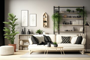 A beige couch in a white, black, and wooden living room with a bookshelf and some plants. Generative AI