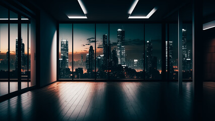 Fototapeta na wymiar Empty loft unfurnished contemporary interior office with city skyline and buildings city from glass window
