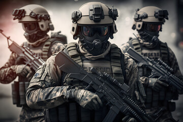 Several military soldiers in full gear holding a gun - generative ai