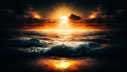Golden sun setting over the shimmering waters of the sea
