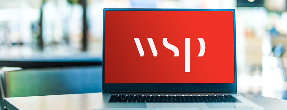 Laptop computer displaying logo of WSP Global
