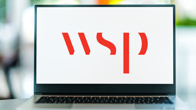 Laptop computer displaying logo of WSP Global