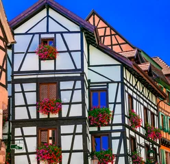 Poster beautiful Colmar -traditional floral colorful town in Alsace region,France travel and landmarks © Freesurf