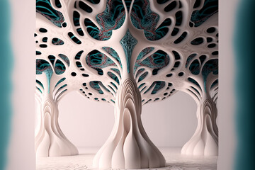 Futuristic abstract background inspired by nature.  Complex parametric interior design. Generative AI art.