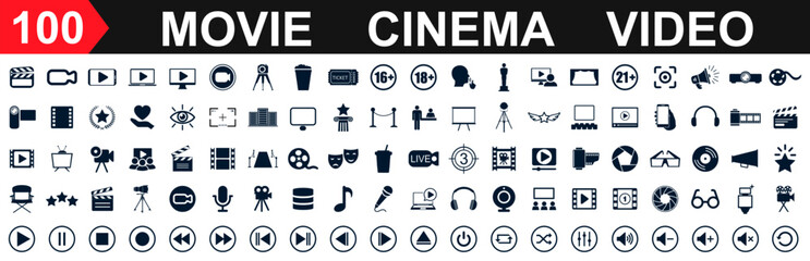 Set of 100 cinema, movie, video icons, collection film, tv cinema sign - stock vector