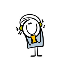 Happy teenager stickman in headphones listen to modern music via internet radio.