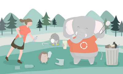 Girl and animals in say no to use plastic packaging illustration