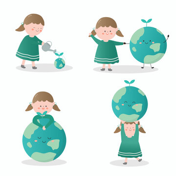 Bundle set of girl and earth environmental nature design elements.