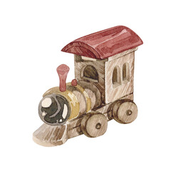 Watercolor vintage illustration with toy wooden steam locomotive. Train Isolated on white background.
