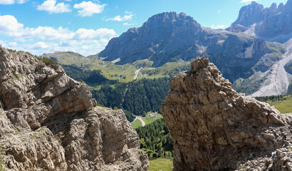 Panorama of the Alpine Dolomites in Northern Italy near the Town of San Martino di Castrozza in Summer