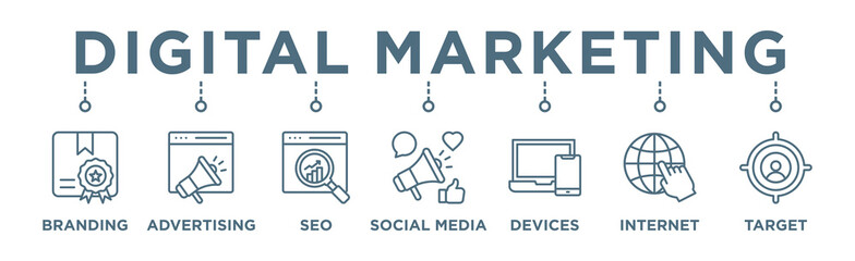 Fototapeta na wymiar Digital marketing banner web icon vector illustration concept with icon of Branding, Advertising, Seo Marketing, Social Media, Electronic Devices, Internet, Target