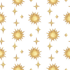 Watercolor seamless pattern with vintage illustrations of golden sun and stars in medieval style. Isolated on white