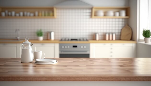 Empty table top over defocused kitchen with copy space. Generative Ai