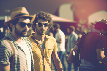Portrait of two handsome hipster men with stylish hair and beard wearing sunglasses and casual cloth. AI generative.