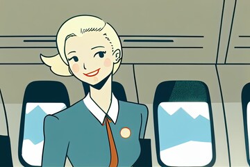 illustration ofcabin crew or air hostess in airplane by generative AI