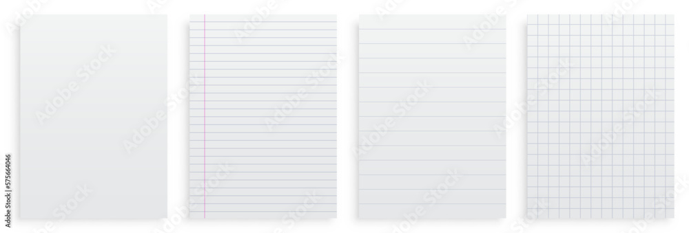 Poster Set realistic clean papers blank page notepad with lines isolated, dots and cells, six notepad blank mockup template copybook cover, realistic blank sheets - vector