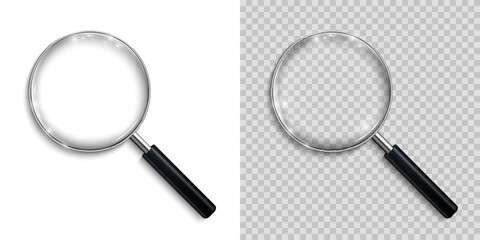 Magnifying glass, big tool instrument with shadow on different background – vector