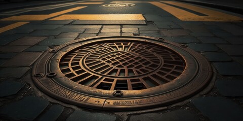 Manhole covers on the streets, providing access to underground infrastructure, generative ai