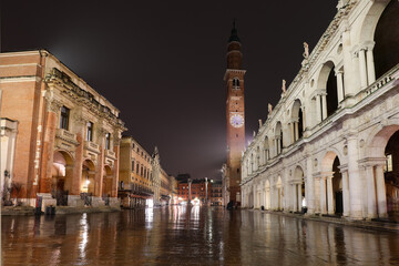 Fototapeta premium Night view of Vicenza City in Italy with reflections of lights