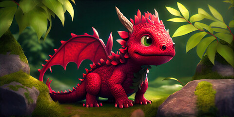 Adorable red dragon - kawaii and cute with red scales in a magical forest