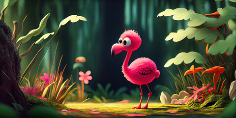 Adorable pink flamingo bird in an enchanted natural forest - obrazy, fototapety, plakaty