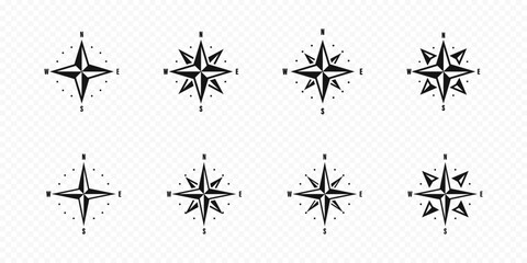 Compass icons set. Wind rose. Nautical map. Compass icon collection. Cartography, direction, positioning. West east north south direction icons set. Vector grapic