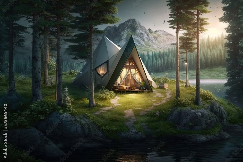 Poster setting up a tent on a hill in the woods. generative ai