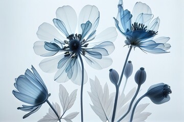 Fototapeta na wymiar X-ray of flowers on the light and scan of a daisy, blue flower, art concept of a natural plant. Generative AI
