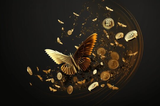 Bitcoins in gold, with a single token coin in flight, against a dark background. Innovation in blockchain technology or cryptocurrency investment. The stock market, digital gold currency, and the stoc