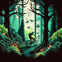Athlete cyclists Mountain bike background forest cartoon. Created with Generative AI technology.