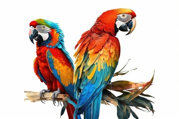 Obraz premium Brilliant macaw parrots on a white background. Generative AI