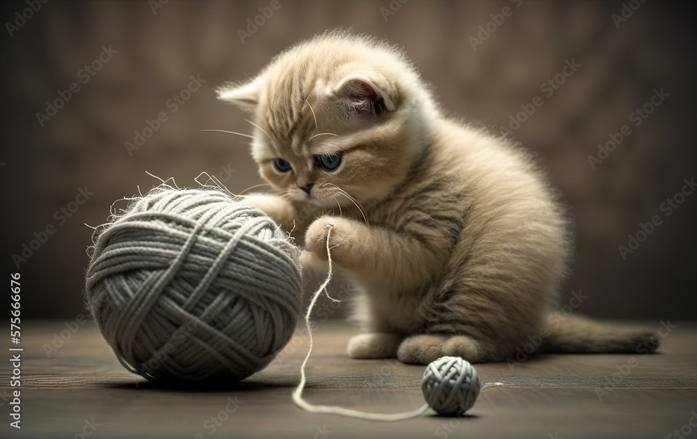Poster fluffy the kitten plays with a ball of thread. generative ai