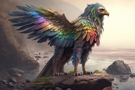 A fantastical creature with the body of a lion, wings of an eagle, and a shimmering coat of rainbow-colored feathers, standing regally on a rocky outcropping, eagle, bird, vector, illustration, animal