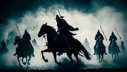 Medieval battle scene with cavalry and infantry. Silhouettes of figures as separate objects, fight between warriors - obrazy, fototapety, plakaty