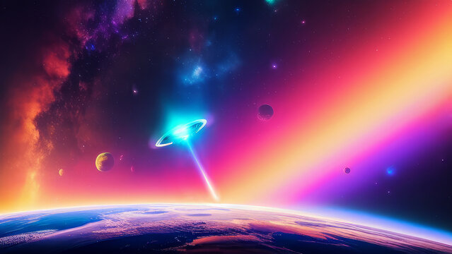 ufo unidentified flying object colorful galaxy space background Generative AI