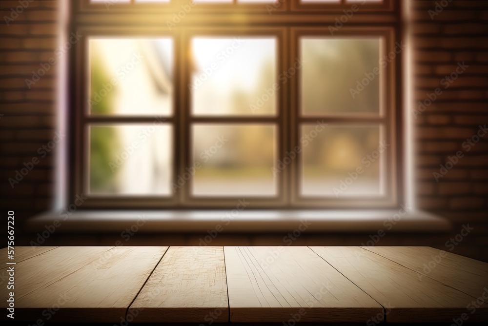 Poster empty wooden table in front of a hazy window generative ai